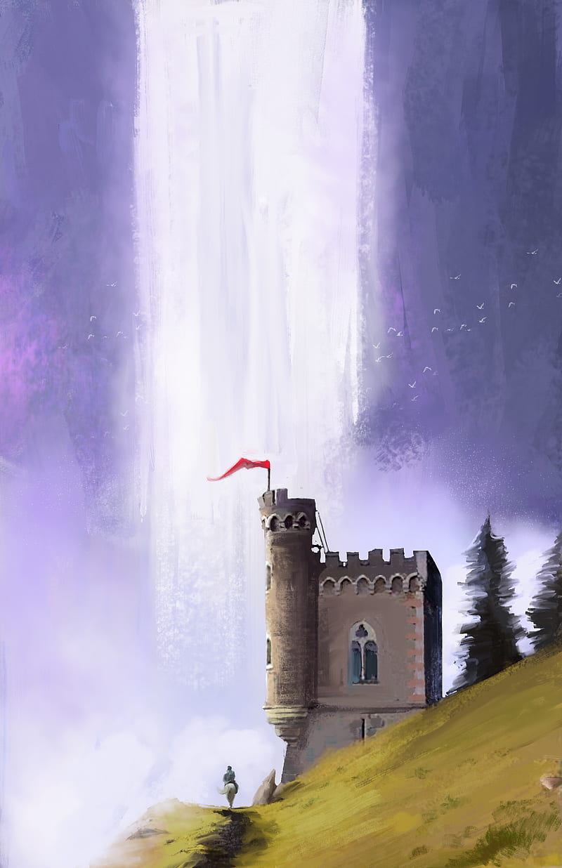 castle, wanderer, waterfall, HD phone wallpaper