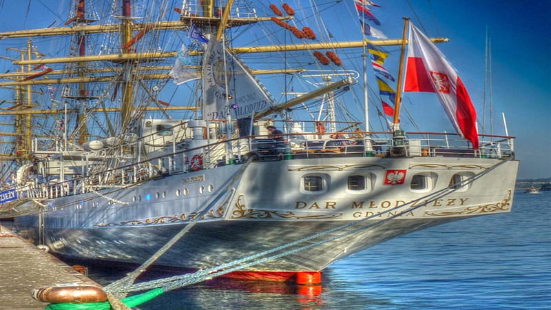 the dar mlodziezy a polish shailing ship r, dock, masts, sail ship, r, flag, HD wallpaper