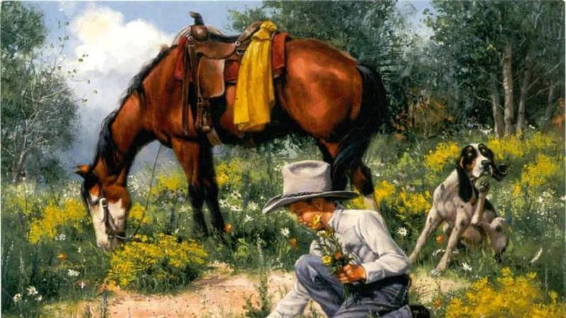 Picking Flowers, boy, painting, flowers, country, horse, dog, HD wallpaper