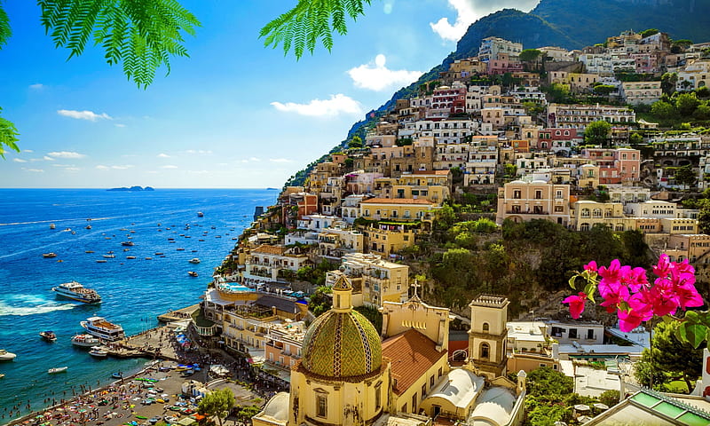Amalfi coast-Campania, Italy, pretty, rest, view, Italy, houses, travel, town, bonito, sky, sea, boats, Amalfi, summer, hill, coast, HD wallpaper