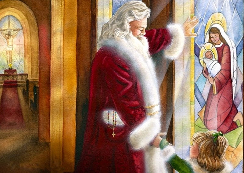 Teaching The Little Ones, window, christmas, church, blessed Mary, Santa, softness, winter, painting, child, HD wallpaper