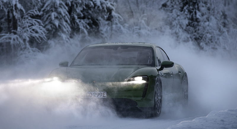 2020 Porsche Taycan 4S (Color: Mamba Green Metallic) - In Snow , car, HD wallpaper