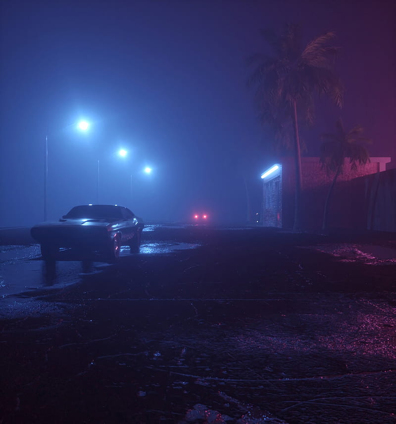 car, street, neon, fog, lights, night, HD phone wallpaper
