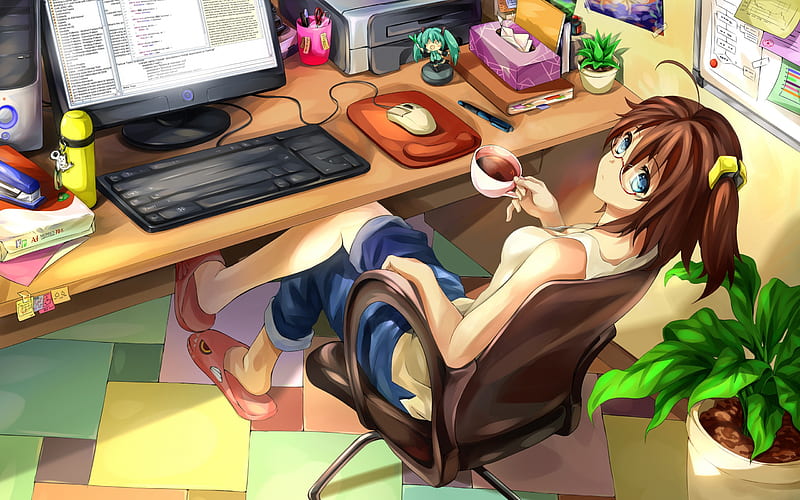 girl programmer, workplace, break, coffee, HD wallpaper