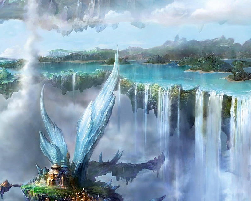 Wings, crystals, magic, sky, clouds, fantasy, city, anime, waterfall, island, landscape, HD wallpaper