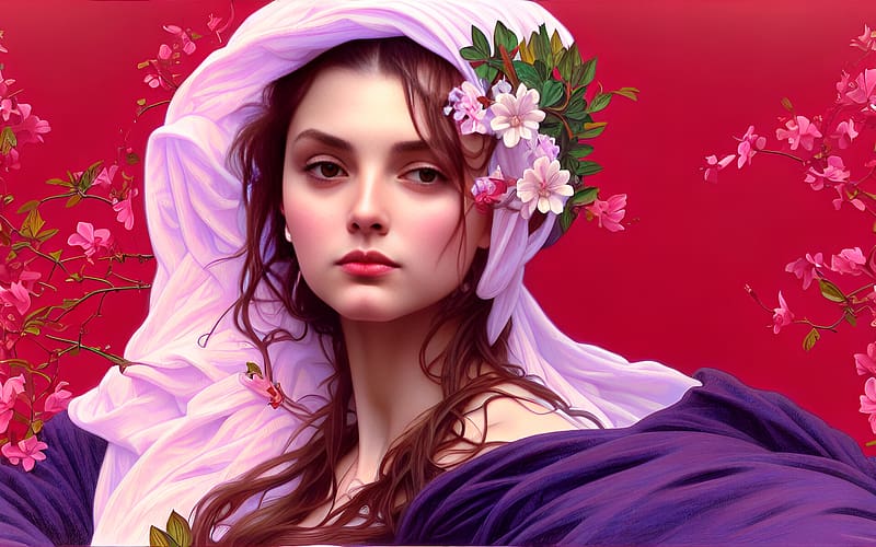 Girl, pink, fantasy, art, red, portrait, andrey golov, face, purple ...