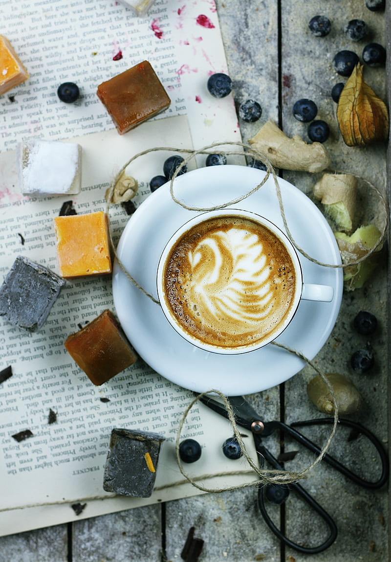 water, coffee, cappuccino, scissors, wooden surface, Chinese lantern, fruit, food, cup, HD phone wallpaper