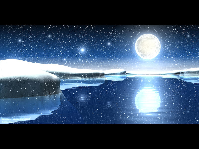 Winter wonderland, stars, 3g, colors, abstract, sky, winter, cold, fantasy, moon, water, ice, popular, reflection, white, frozen, blue, HD wallpaper