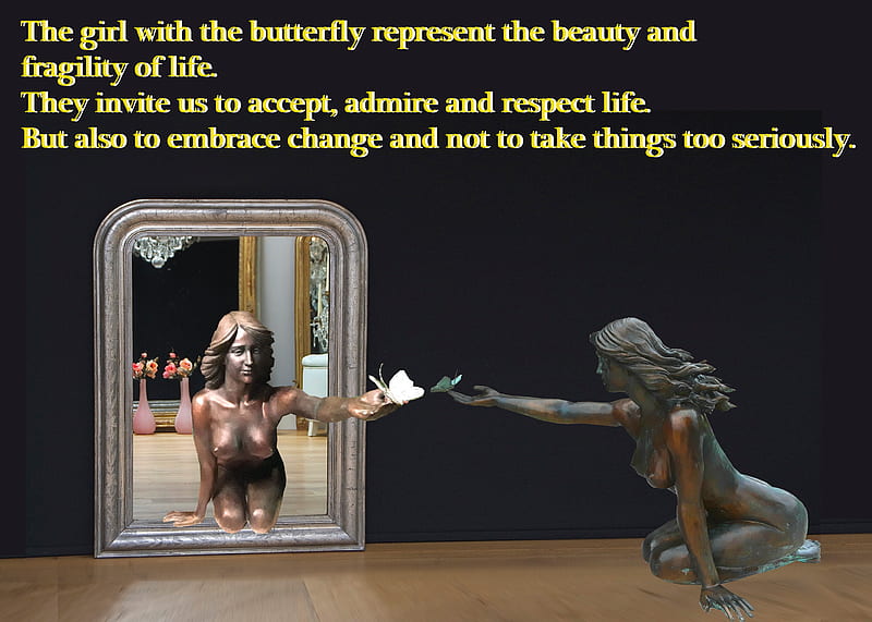 butterfly girl bronze statue in the mirror, meaning, statue, butterfly, girl, great, bonito, sculpture, gorgeous, art, HD wallpaper