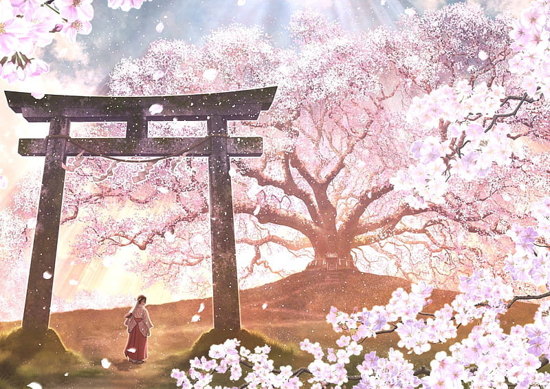 Sakura Dream, torii, blossom, fantasy, japan, flowers, scenery, pink, orginal, gate, art, sakura, miko, japanese, tree, girl, nature, cherry, HD wallpaper