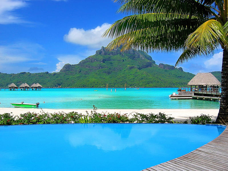 Bora Bora Resort South Polynesia, resort, Tahiti, volcano, sea, atoll, beach, lagoon, sand, Bora Bora, south polynesia, south pacific, luxury, blue, exotic, holiday, ocean, pool, paradise, volcanic, island, tropical, HD wallpaper