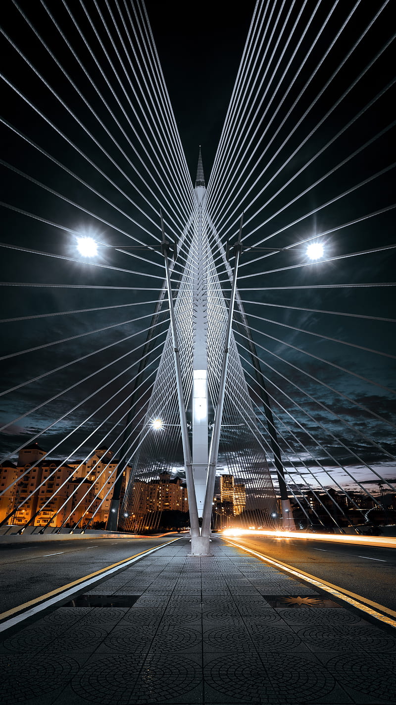bridge, architecture, construction, lights, city, night, HD phone wallpaper