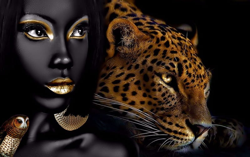 Fantasy Leopard Queen, leopard, brown, queen, yellow, animal, fantasy, gold, big, night, owl, big cat, black, cat, feline, girl, bird, white, HD wallpaper