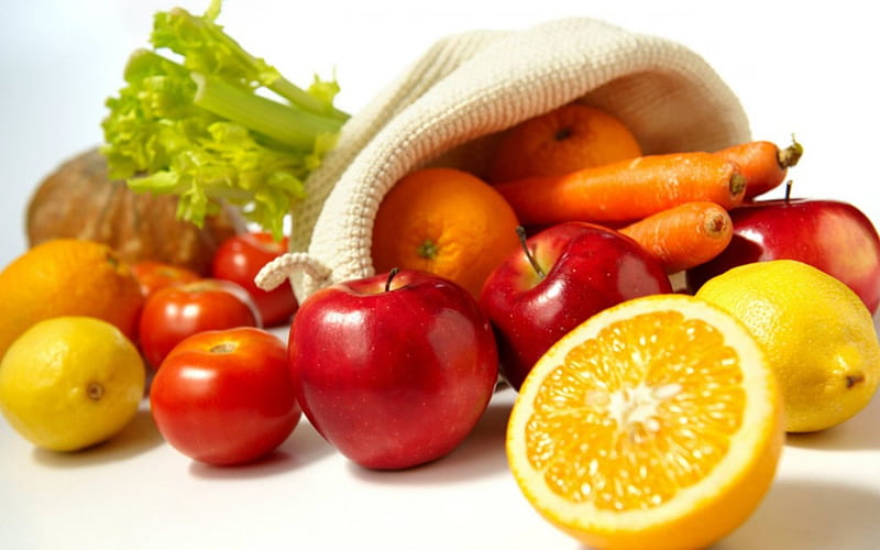 Fruits, apple, food, orange, carrots, HD wallpaper
