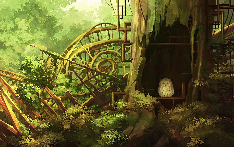 anime ruins, forest, owl, foliage, plants, landscape, Anime, HD wallpaper