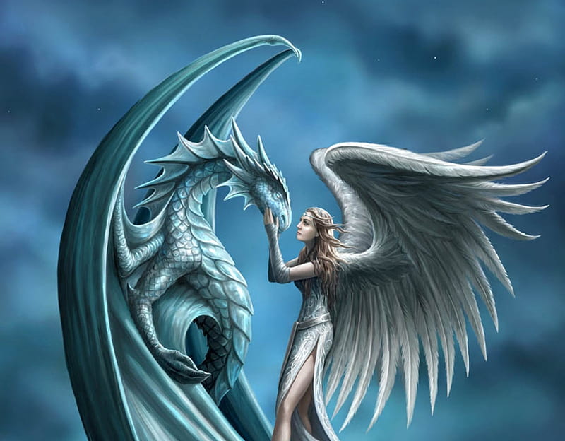 Dragon and angel, wings, fantasy, luminos, girl, angel, dragon, white, blue, anne stokes, HD wallpaper