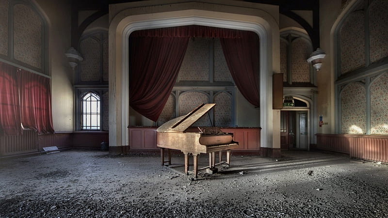 abandoned music room, house, music, room, piano, abandoned, HD wallpaper