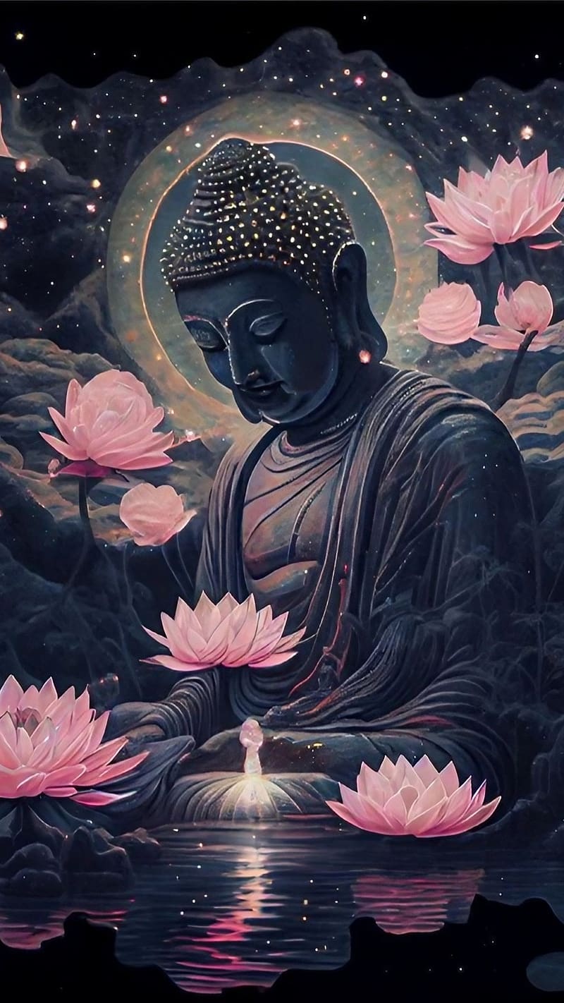 The Buddha Art Print in Fingerprint Pattern with Blue Black Background