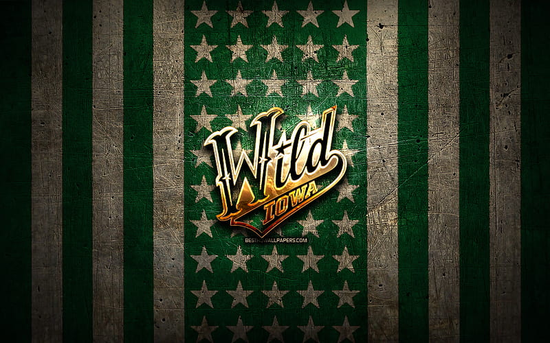 Iowa Wild flag, AHL, green brown metal background, american hockey team, Iowa Wild logo, USA, hockey, golden logo, Iowa Wild, HD wallpaper