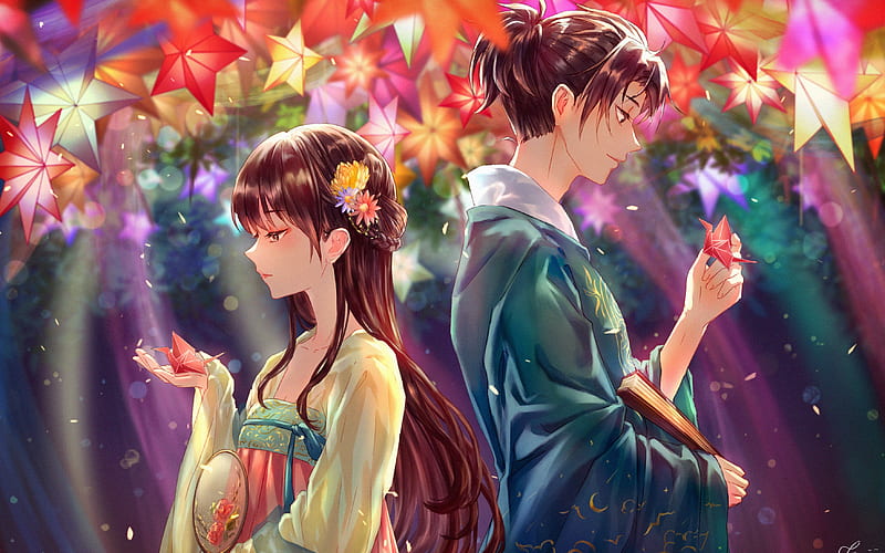 Young Couple, stars, girl, boy, anime, origami, HD wallpaper