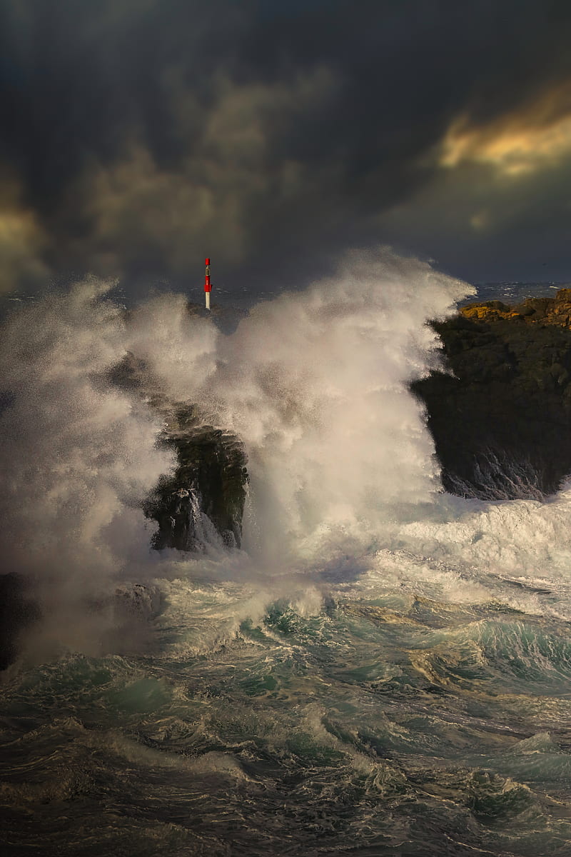 sea, storm, waves, rocks, lighthouse, HD phone wallpaper