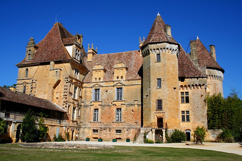 Scarred Beauty, chateau, scarred, lanquais, bonito, dordogne, historic, france, de, aquitaine, classic, castle, HD wallpaper