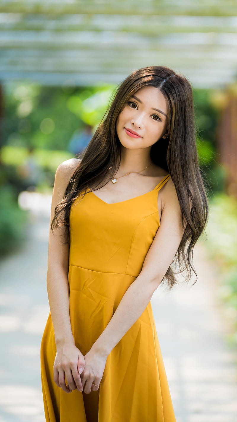 Cute Asian, asian girl, brown hair, pretty, yellow, yellow dress, HD phone wallpaper