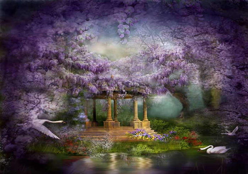 ~ magical place ~, Lake, flowers, beauty, magic, wistaria, swans, HD wallpaper