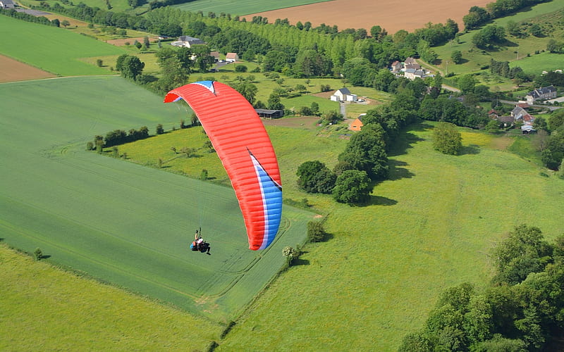 Paragliding over Fields, rural, fields, aerial, paraglider, landscape, HD wallpaper