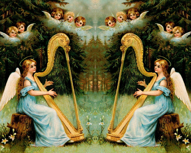 Beautiful painting, harp, painting, art, angel, HD wallpaper