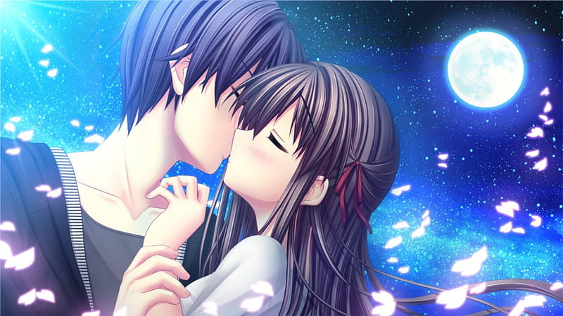 The Kiss, pretty, sweet, nice, love, anime, handsome, anime girl, long hair, lovely, romance, sky, sexy, short hair, hug, cute, lover, glow, guy, kiss, moon, hot, blue eyes, light, couple, night, female, male, romantic, brown hair, yellow eyes, boy, girl, blue hair, petals, HD wallpaper