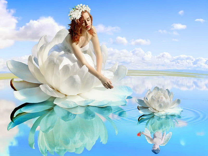 Life is a reflection, life, white dressed, bonito, sky, woman, clouds, water, girl, lilly, nature, reflection, lady, HD wallpaper