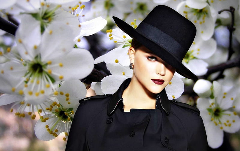 Esti Ginzburg, model, black, by cehenot, spring, woman, cherry blossom, hat, girl, flower, beauty, white, HD wallpaper