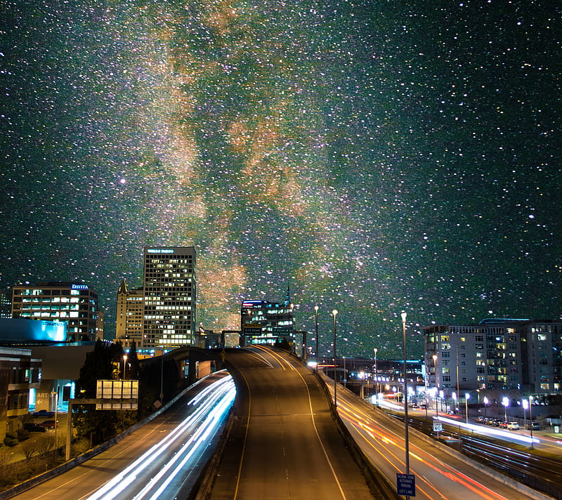 Tacoma Milky Way, city, galaxy, long exposure, milky way, space, stars, HD wallpaper