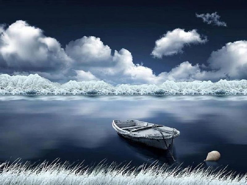 Winter river, boat, snow, beautiful snowy landscape, clouds, sky, lake, HD wallpaper