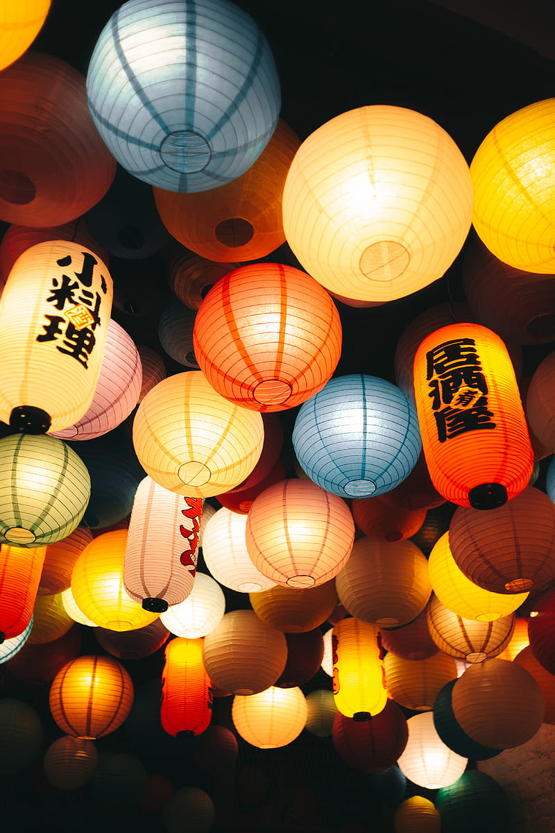 chinese lanterns, lanterns, colorful, light, decoration, HD phone wallpaper