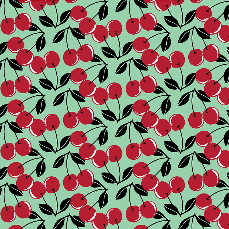 cherries, berries, fruits, red, leaves, scapes, pattern, HD phone wallpaper