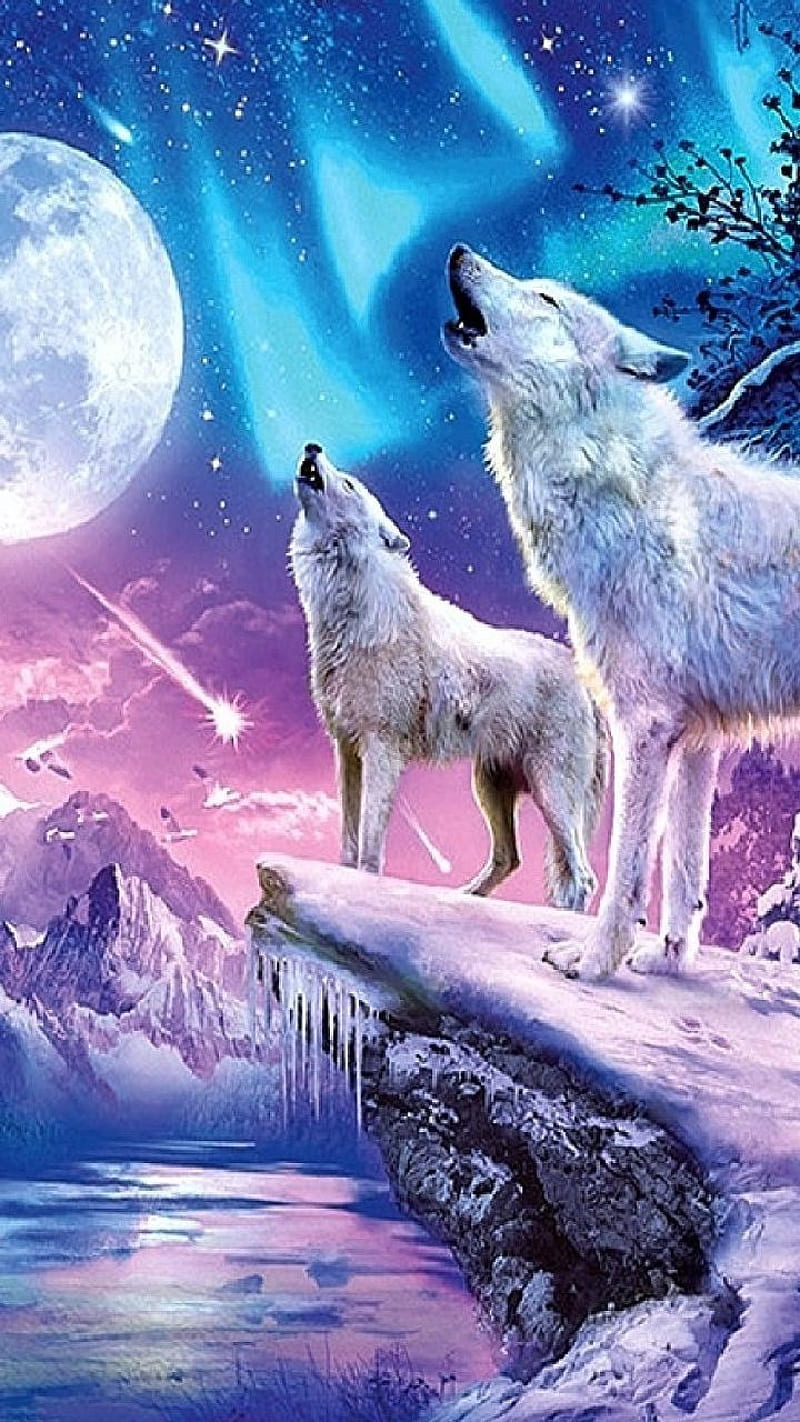Wolves, animal, moon, nature, wolf, HD phone wallpaper