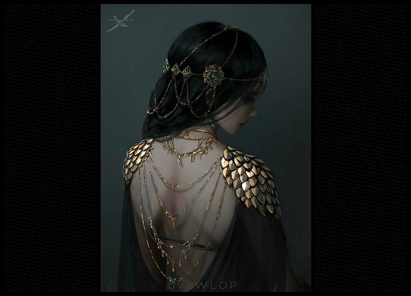 Princess Aeolian, ceremonial dress, art, luminos, golden, aeolian, black, wlop, fantasy, jewel, princess, HD wallpaper