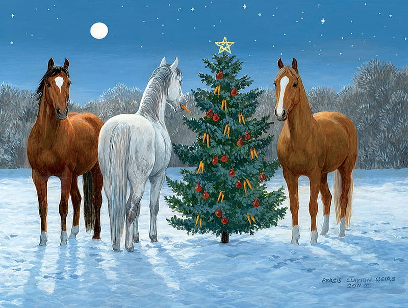 Christmas, persis clayton weirs, snow, painting, pictura, horse, winter, art, craciun, cal, tree, HD wallpaper