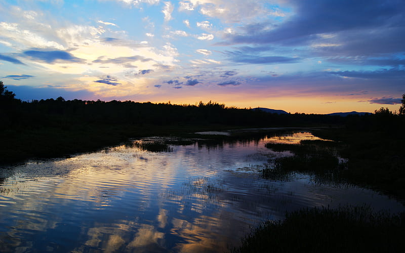 Adirondack Dusk, forest, colors, bonito, reeds, twilight, clouds, calm, water, nature, reflection, rivers, HD wallpaper