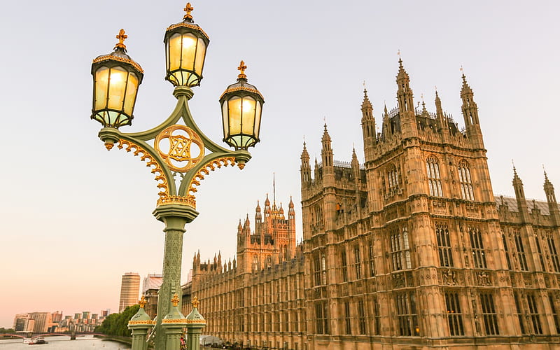 London, Westminster Palace, Thames, river, street lamp, streets, United Kingdom, England, HD wallpaper