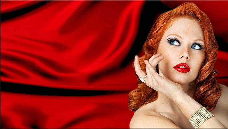 Red Satin Redhead, pretty, redhead, ginger, red head, bonito, woman, women, hot, beauty, blue eyes, gorgeous, female, lovely, satin, red hair, sexy, girl, lady, eyes, HD wallpaper