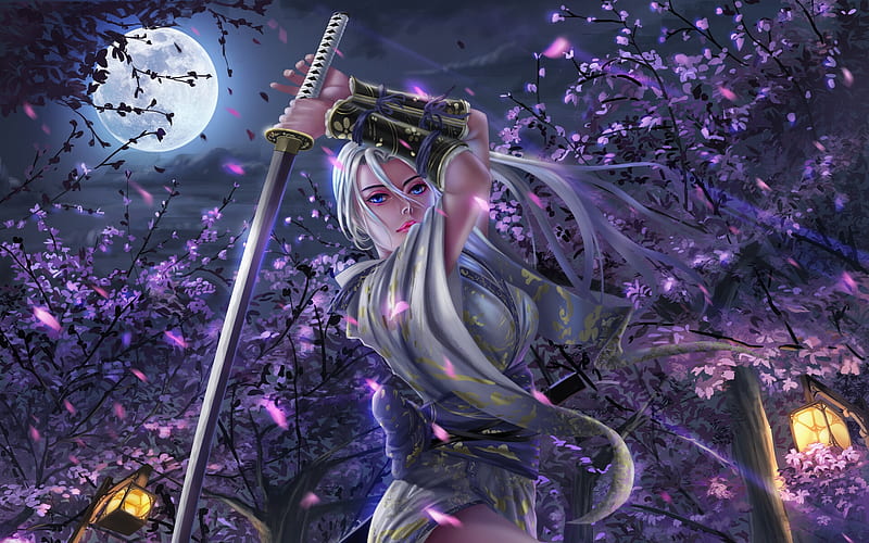 Samurai, spring, care line, luminos, moon, frumsuete, moon, fantasy, purple, katana, flower, pink, HD wallpaper