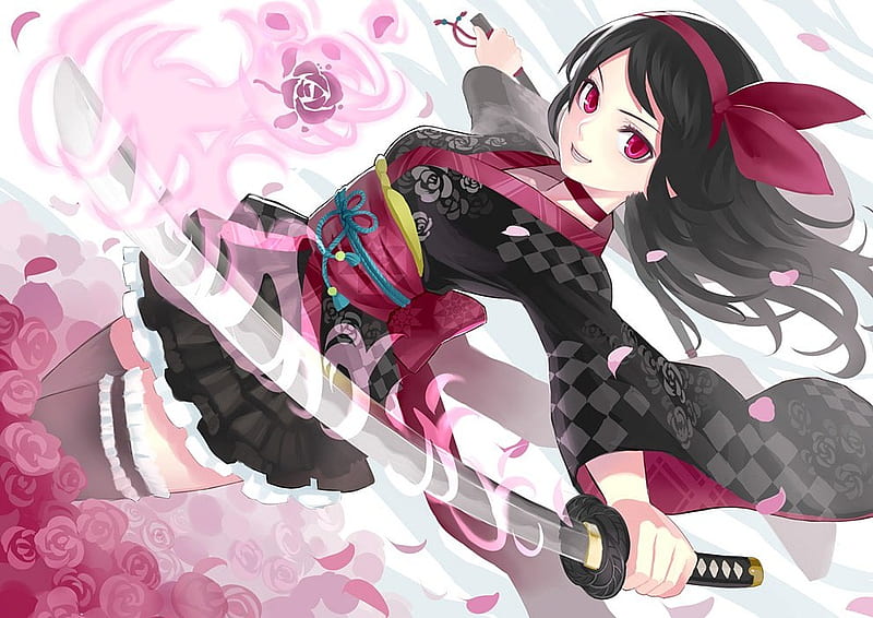 Samurai Chick, red, dress, muramasa, flowers, pink, sword, traditional, ribbon, momohime, black, kimono, roses, peats, cute, cool, oboro, katana, wii, HD wallpaper