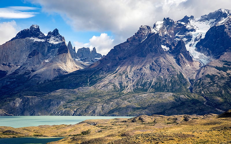 Torres del Paine, mountain landscape, rocks, mountain massif, river ...
