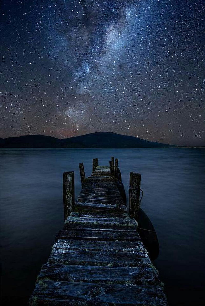 Night time dock, dock, lonely, mountains, night, night sky, scenery ...