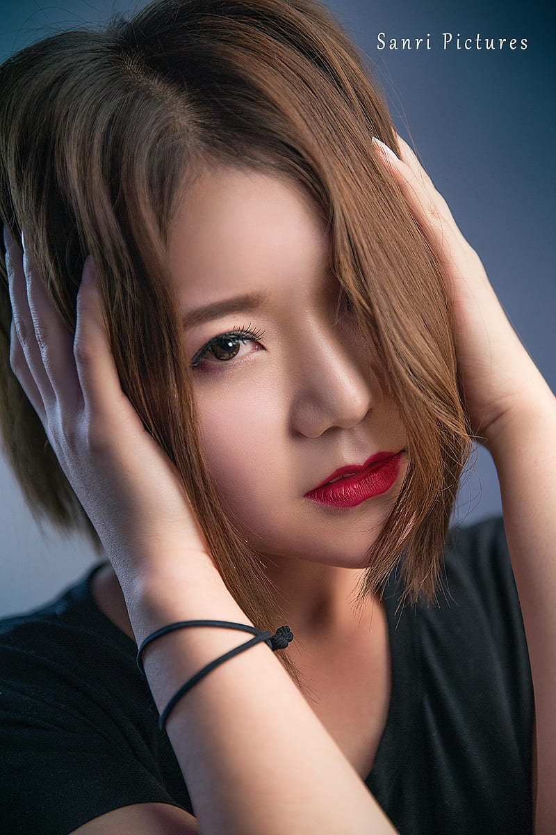 women, red lipstick, Asian, brunette, portrait, hands in hair, HD phone wallpaper