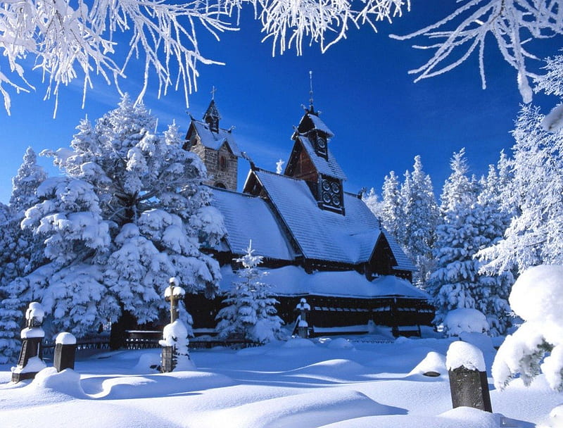 A WINTER'S TALE, chalet, snowscapes, houses, homes, trees, seasons, winter, temples, snow, churches, ice, HD wallpaper
