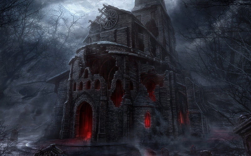 Scary castle at night, trees, art ,, Spooky Castle, HD wallpaper